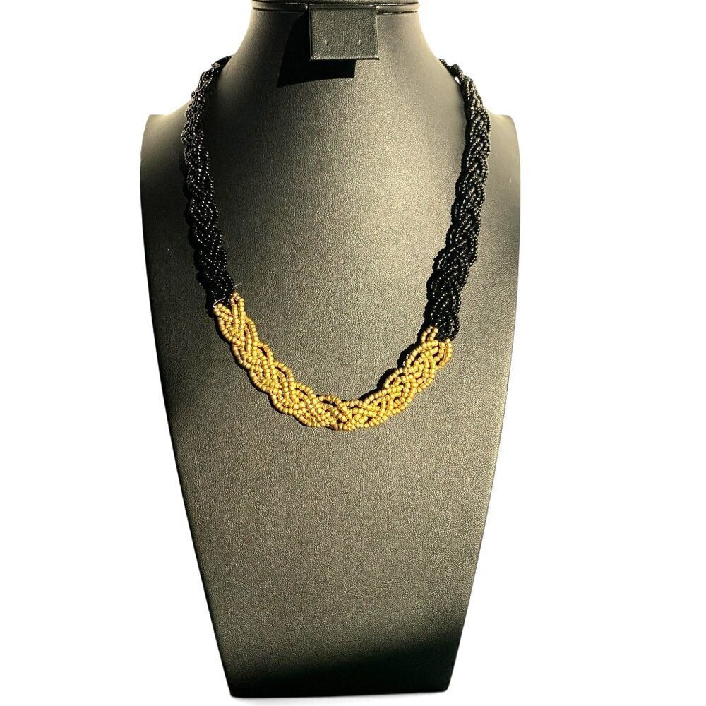 Two-Tone Black & Gold Beaded Braided Necklace With Adjustable Chain Closure 19"L